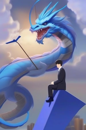 In front of the blue dragon flying in the sky, a Korean male anchor in his 30s is making a news broadcast