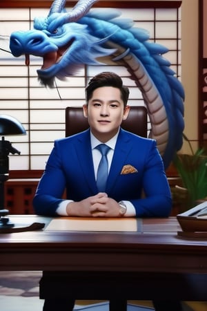 In front of the background of blue dragon flying over the tile house, a Korean male anchor in his 30s is sitting at a desk looking straight ahead and broadcasting
