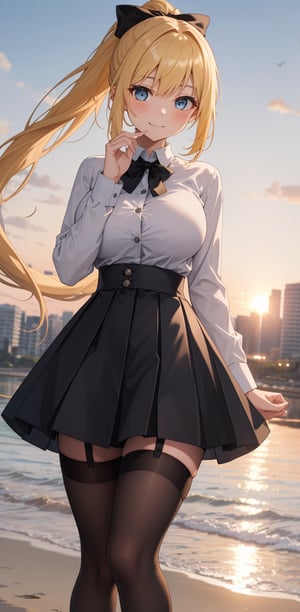 Cute girl standing in the beach. City, sunrise, sky, golden hour,

 hand on mouth, flowing hair, 

teenage girl, yellow hair, ((long ponytail)), high ponytail, blue eyes, average breast, hair_tie_white, 

white shirt, long sleeves, black_bow_tie, 
high-waist_skirt, black skirt, buttons, pleated skirt, micro skirt, ((black stocking)), thighs,

Looking at viewer, love stare, closed mouth, smile, expressionless,

