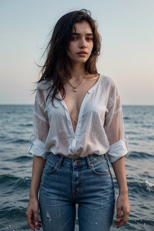 stunning Indian woman, 26 years old, stands confidently on the sun-kissed beach, her long dark hair blowing gently in the sea breeze. She wears a pair of distressed blue jeans and a crisp white shirt, complementing her radiant complexion. A delicate necklace adorns her neck, and she gazes out at the endless ocean with a thoughtful expression