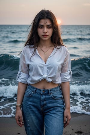 stunning Indian woman, 26 years old, stands confidently on the sun-kissed beach, her long dark hair blowing gently in the sea breeze. She wears a pair of distressed blue jeans and a crisp white shirt, complementing her radiant complexion. A delicate necklace adorns her neck, and she gazes out at the endless ocean with a thoughtful expression