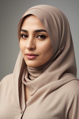 ,Masterpiece,photo,solo,40 years old,arab woman(((,,dynamic face))),  detailed face, detailed nose,((( plain background))),
portrait,(((photorealistic))),(((realism,realistic,,standing))),frontal picture,shirt,Extremely Realistic,REALISTIC,(((hijab))),