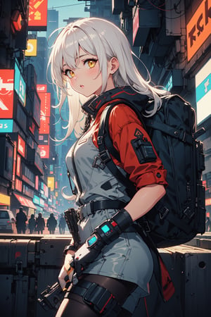 (((masterpiece))),best quality, illustration,beautiful detailed glow,
1girl, bounty hunter, white hair, long hair, yellow eyes, tights, tactical backpack, military boots, cyberpunk, urban style,close-up,
blad4,Retro