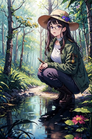 (((masterpiece))),best quality, illustration,beautiful detailed glow,
An experienced plant expert with black eyes, black-rimmed glasses, wearing a white shirt, a military green jacket, black pants, brown boots, and an adventure hat was looking at a purple flower in surprise in the depths of a dense forest. flower,oil painting,Anitoon2,breakdomain,dal,Roman Ships