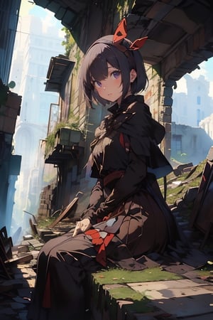 (((masterpiece))),best quality, illustration,beautiful detailed glow,
a beautiful girl, delicate eyes, purple eyes, black hair, short hair, red headband, long fitted skirt, brown cloak, in the ruins of the city,sitting in the corner
breakdomain,pastelbg,nodf_lora