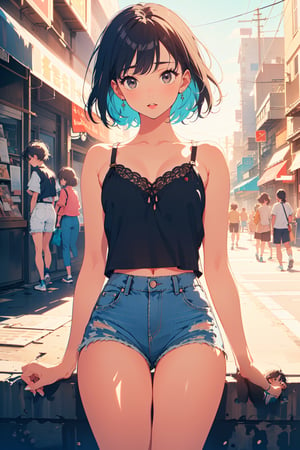 (((masterpiece))),best quality, illustration,beautiful detailed glow,
1girl, black eyes, black hair, short hair, cyan camisole, denim shorts, black stockings, white sneakers, taking photos on the street, sunny, urban style
blad4,Retro