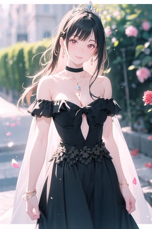 Masterpiece, beautiful details, perfect focus, uniform 8K wallpaper, high resolution,1girl, red eyes, long hair, breasts, smile, bangs, hair ornament, dress, bow, ribbon, cleavage, bare shoulders, jewelry, medium breasts, pink long hair, closed mouth, standing, collarbone,  flower,  earrings, frills, detached sleeves, hair flower, necklace, white cloak, blurry, bracelet, gradient, strapless, floating hair, depth of field, black dress, rose, tiara, white flower, gem, strapless dress, light particles, pink flower, skirt hold, off-shoulder dress, pink rose,Sea of flowers, petals, flying, sunny,perfect light,cartoon,anime