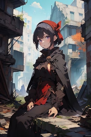 (((masterpiece))),best quality, illustration,beautiful detailed glow,
a beautiful girl, delicate eyes, purple eyes, black hair, short hair, red headband, long fitted skirt, brown cloak, in the ruins of the city,fall,
breakdomain,pastelbg,nodf_lora