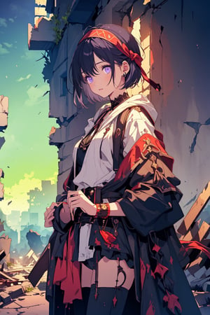 (((masterpiece))),best quality, illustration,beautiful detailed glow,
a beautiful girl, delicate eyes, purple eyes, black hair, short hair, red headband, fitted robe, in the ruins of the city,blad4