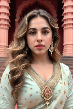 A cute girl  model who have curly hairs , grey eyes , rosy lips , sharp jaw line , curved figure , wearing indian outfit and standing in front of a temple , sara ali khan, 