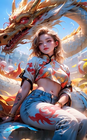 best quality, masterpiece,	(Cute chinese girl, 22year old:1.5),	(ancient chinese theme:1.4), (In the background, a golden dragon), (body covered in words, words on body:1.2, tattoos of (words) on body:1.4), (a fine beard:1.3),	(a gentle smile:1.1),	cinematic lighting, ambient lighting, sidelighting, cinematic shot,	half body view,	long Wave blonde hair,	beautiful and aesthetic, vibrant color, Exquisite details and textures, cold tone, ultra realistic illustration,siena natural ratio, anime style, Gold Dragon Printing,	a shirt, low-rise jeans,	ultra hd, realistic, vivid colors, highly detailed, UHD drawing, perfect composition, ultra hd, 8k, he has an inner glow, stunning, something that even doesn't exist, mythical being, energy, molecular, textures, iridescent and luminescent scales, breathtaking beauty, pure perfection, divine presence, unforgettable, impressive, breathtaking beauty, Volumetric light, auras, rays, vivid colors reflects.,dragonbaby