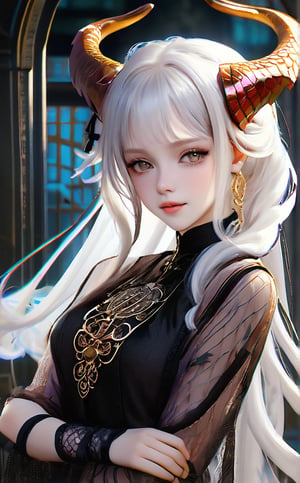 1 girl, full-body_portrait, (masterful), albino demon girl ,(white dreadlocks,mesh fishnet blouse, (long intricate horns:1.2),best quality, highest quality, extremely detailed CG unity 8k wallpaper, detailed and intricate, 
,steampunk style,Glass Elements, looking_at_viewer, chinese girls,goth person,dragon,dragon hood,Angel,animeniji,vintagepaper