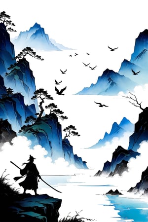 DonMW15pXL, ink painting style, Chinese Song Dynasty aesthetic style, warrior at the foot of the green mountains, azure mountains and mist background, lake, flying birds, masterpiece, wallpaper,