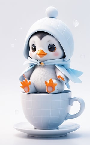 A little penguin wearing a baby diaper sitting in a teacup.

The background is completely white.

The penguin is in the center of the nine-square grid of the whole picture, and other places are left pure white.
,chibi