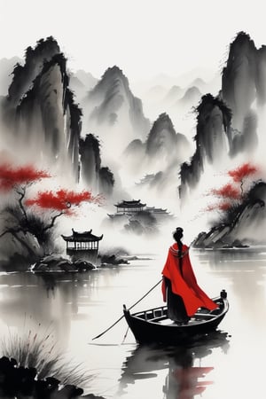 Mountain,rivers,ink scenery,Far away on the river, (A woman in red cape) stands gracefully at the bow of a boat in a Chinese ink painting, with serene emptiness beyond.Chinese ink painting,Vision,super wide angle