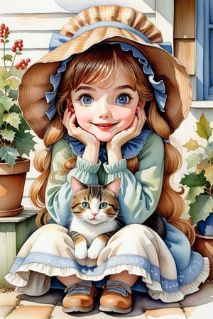 Holly Hobby's illustration, depicting a  girl in large bonnet, She lay on the ground, and supported her face with her hands, looking at her cat. The cat stretched, yawned, raised its buttocks, and raised its tail.
, against porch bg, watercolor, whimsical cheerful playful vibe, rustic charm and sense of nostalga, ultra detailed, thin lines, detailed