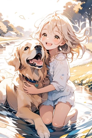 
Niña sonriendo y jugando con su perro golden retriever, lindo, anime