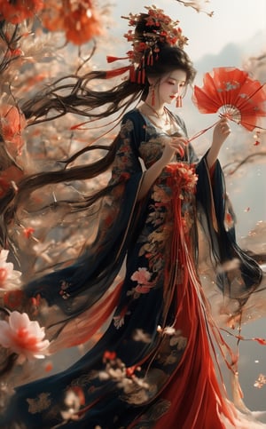 1girl, solo, long hair, brown hair, black hair, hair ornament, long sleeves, dress, holding, jewelry, standing, full body, flower, earrings, hair flower, necklace, sparkle, chinese clothes, red dress, tassel, branch