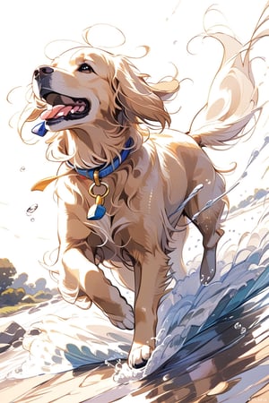 Perro golden retriever rodando y jugando en el suelo, lindo, anime