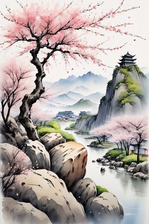 A large rock on a hill overlooking a village, Cherry blossom petals fall from a tree, Ultra High Definition, {{Highest Quality}},{High Resolution}, Watercolor, Stream,chinese ink drawing,ink scenery