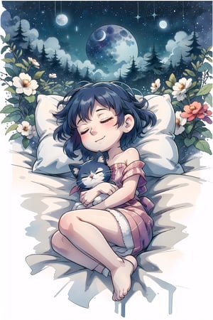 girl, cat,sleeping, peaceful, dreamy, moonlit night, soft blankets, gentle breeze, serene expression, curled up, tranquil atmosphere, starry sky, comfortable bed, content smile, sleeping peacefully, calm surroundings, deep slumber,CrclWc,WtrClr,sky