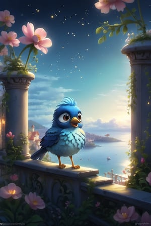 we see the DETAILED enchanted lovely balcony on the wall with great view to the sea night time, DETAILED ENCHANTED fluffy tiny FUNNY BIRD standing on the balcony next to an enchanted flower, airborne dust particles around. Modifiers: Unreal Engine, magical, Pino Daeni, midjourney, Astounding, outstanding, otherwordliness, cute illustration, cuteaesthetic, Boris Valejo style, highly intricate, whimsical, 4K 3D, stunning color depth, cute illustration, Nazar Noschenko CUTE paint style