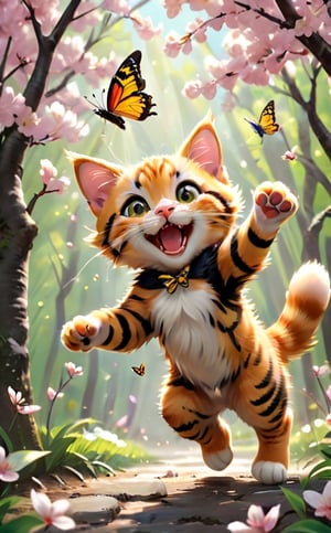Playful scene of a small orange tabby cat, Its fur is yellow with black tiger stripes, batting at a butterfly with its tiny paws. The butterfly, seemingly unfazed, flits around the kitten, Lead it on a happy chase through a forest of blooming cherry blossoms. The image is a heartwarming portrayal of youthful curiosity and the joy of exploration.
