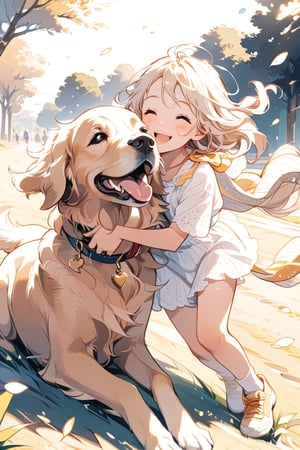 
Niña sonriendo y jugando con su perro golden retriever, lindo, anime