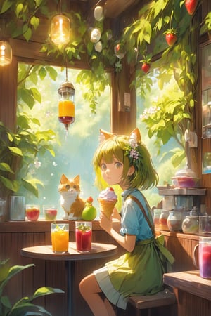 A cute girl is eating ice cream in a cat cafe. The coffee shop is decorated with decorations, and there are piles of fruits on the bar, which look delicious and tempting. Art glass container. A quiet cat cafe facing a beautiful garden.

As the warmth of the summer sun beat down, 10-year-old Sakura was thrilled for her weekly treat - an afternoon out with Obaa-chan at the quaint little cafe nestled amongst the blossom trees. The rustic wooden walls were covered in flowering vines, their sweet scent wafting on the breeze. Colorful hangings and artwork filled any spaces not overflowing with blooms.

It was here that Obaa-chan always treated Sakura to the cafe's specialty - a towering glass of their 'Rainbow Reviver' frappe. Vibrant flavors of berries, mangoes and coconut were artistically layered in spirals, sure to lift any mood. Today, Sakura had also chosen a fresh fruit sundae, piled high with peaches, strawberries and kiwi atop creamy vanilla.

As always, the first bite was heavenly. Sweet juices burst across her tongue as soft fruits melted in her mouth. Laughter and chatter drifted out from the open windows, mingling with birdsong in the branches above. All around, other patrons enjoyed treats as deliciously. Behind the counter, the baristas worked diligently to create more masterpieces.

