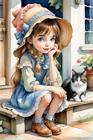 Holly Hobby's illustration, depicting a  girl in large bonnet, Sitting cross-legged on the ground, resting her face on her hands, looking at her cat and looking into the cat's eyes, against porch bg, watercolor, whimsical cheerful playful vibe, rustic charm and sense of nostalga, ultra detailed, thin lines, detailed