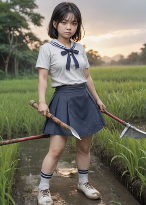 ((japan little girl)) ,(7yo), (bob-hair, white-skin, fat:0.4, nude,boobs, tight-vagina, sweat), 
(wearing white sailor-shirt, (long darkblue-skirt:1.2), short white-sock, black-shoes).

(she look very dirty ,stain, torn shirt and skirt), (used a big (Devil's Scythe, black aura, smoke) for fighting), (open legs, running), looking at you, (lot of leaf floating on the wind , some of leafs were cut and scattered),(stain on her thighs),(She had a wound),

,((strong wind)),((in height-grass fields)),((uncensored)),((sunset)),((thai rice field location)),(face-focus), ((detailed eyes and face))