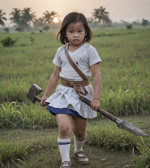 ((thai little girl)) ,((7yo)), (bob-hair, white-skin, fat:0.4, nude,boobs, see tight-vagina, sweat), 
(wearing (white-shirt:1.2), (darkblue-skirt:1.2), short white-sock, black-shoes).

(she look very dirty ,stain, torn shirt and skirt), (2hands holding a big evilScythe and ready for fighting), (open legs, running), looking at you, (dust-stain on her thighs),(She had a wound),

,((strong wind)),((in height-grass fields)),((uncensored)),((sunset)),((thai location)),(face-focus), ((detailed eyes and face))