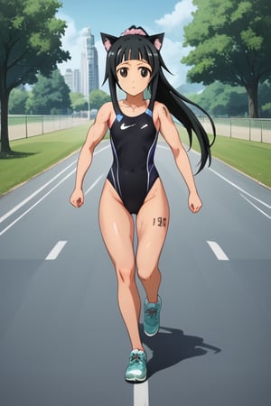 1girl, solo, anime style, a1 picture, sao anime, 4k quality, masterpiece, best quality, sword art online,  triathlon, Japanese triathlon, young girl, cute, yui, long hair, blunt bangs, hime cut, black hair, long hair, high ponytail, hair scrunchie, flat chest, bare legs, bare shoulder, muscular,  muscular female, bodybuilder, muscular, hyper muscles, muscular abs, muscular arms, muscular legs, muscular neck, muscular shoulders, muscular thighs, shiny skin, sweat, arena (company), competition swimsuit, one-piece swimsuit, black one-piece swimsuit, highleg swimsuit , clothes writing, skin tight,  nike (company), shoes, air max, sneakers, aqua footwear, clothes writing , tattoo, (number tattoo:0.5), shoulder tattoo, leg tattoo, Temporary Race Number, ((race number "15")), race bib, ((bib name "YUI")),  racerback, running, full body, facing away, running towards away, from side, running on road, negative_hand, easynegative, wide shot, paiyama, tree, real world location, scenery, outdoors, building, road, street, city, day, catgirl, animal_ears, cat_tails, cat_ears, source_anime, score_9