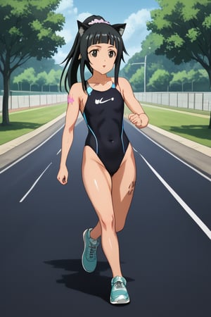 1girl, solo, anime style, a1 picture, sao anime, 4k quality, masterpiece, best quality, sword art online,  triathlon, Japanese triathlon, young girl, cute, yui, long hair, blunt bangs, hime cut, black hair, long hair, high ponytail, hair scrunchie, flat chest, bare legs, bare shoulder, muscular,  muscular female, bodybuilder, muscular, hyper muscles, muscular abs, muscular arms, muscular legs, muscular neck, muscular shoulders, muscular thighs, shiny skin, sweat, arena (company), competition swimsuit, one-piece swimsuit, black one-piece swimsuit, highleg swimsuit , clothes writing, skin tight,  nike (company), shoes, air max, sneakers, aqua footwear, clothes writing , tattoo, (number tattoo:0.5), shoulder tattoo, leg tattoo, Temporary Race Number, ((race number "15")), race bib, ((bib name "YUI")),  racerback, running, full body, facing away, running towards away, from side, running on road, negative_hand, easynegative, wide shot, paiyama, tree, real world location, scenery, outdoors, building, road, street, city, day, catgirl, animal_ears, cat_tails, cat_ears, source_anime, score_9,competitive swimsuit