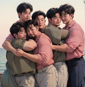 3boy,full body, iridescent watercolor,photorealistic, asian, muscular,chubby_chest,korean style, ivory skin,blush,blushing orgasm , happy face,in_love, Polyamory ,multiple_hug,group_hug,pastel_shirt,masterpiece,best quality, outdoor, Red Rose_trees,beach
 , WtrClr,Extremely Realistic,background,watercolor,morning light 
