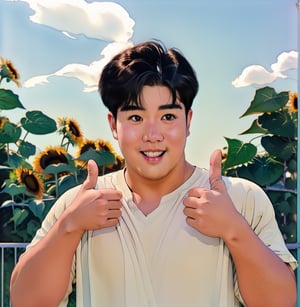 1boy,full body, iridescent watercolor,photorealistic, asian, muscular,chubby_chest,korean style, ivory skin,blush,blushing orgasm, happy face,pastel_shirt,((good job, thumbs up)),outdoor,(big yellow sunflowers),masterpiece,best quality,Extremely Realistic,background,watercolor,morning light 