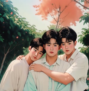 3boy,full body, iridescent watercolor,photorealistic, asian, muscular,chubby_chest,korean style, ivory skin,blush,blushing orgasm , in_love, Polyamory ,multiple_hug,group_hug,pastel_shirt,masterpiece,best quality, outdoor, Red Rose_trees,beach
 , WtrClr,Extremely Realistic,background,watercolor,morning light 