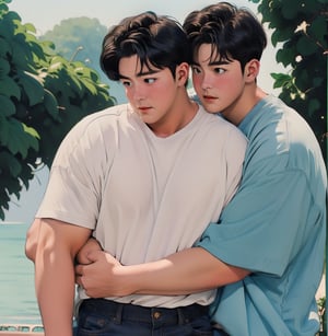 3boy,full body, iridescent watercolor,photorealistic, asian, muscular,chubby_chest,korean style, ivory skin,blush,blushing orgasm , in_love, Polyamory ,multiple_hug,group_hug,pastel_shirt,masterpiece,best quality, outdoor, Red Rose_trees,beach
 , WtrClr,Extremely Realistic,background,watercolor,morning light 