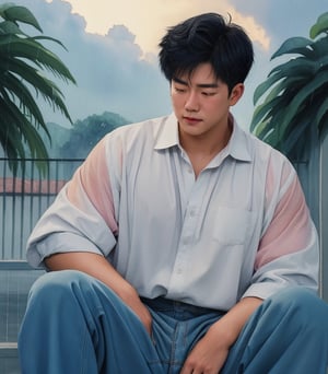 1boy,full body, iridescent watercolor,photorealistic, asian, muscular,chubby_chest,korean style, ivory skin,blush,blushing orgasm, sad face,crying_with_eyes_open,pastel_shirt,pants,sneaker sitting on the floor, ((Tears on face)), rain clouds raining ,(outdoor,blue flowers,jasmine ),masterpiece,best quality,Extremely Realistic,background,watercolor, 