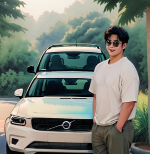 2boy,boyfriend,full body, honeymoon,lovely sweetheart, iridescent watercolor,photorealistic, asian, muscular,chubby_chest,korean style, ivory skin,blush,blushing orgasm , eyes focus viewer smile, happy face,sunglasses, holiday_shirt,((stand next to car, volvo xc40, )),masterpiece,best quality , outdoor,big_trees
 , WtrClr,Extremely Realistic,background,watercolor,morning light 