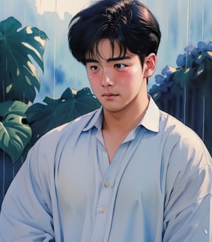 1boy,full body, iridescent watercolor,photorealistic, asian, muscular,chubby_chest,korean style, ivory skin,blush,blushing orgasm, sad face,crying_with_eyes_open,pastel_shirt,((Tears flowing)),cum on face, rain clouds raining ,(big blue flowers,jasmine ),masterpiece,best quality,Extremely Realistic,background,watercolor,morning light 