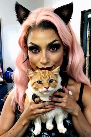 (best quality,4k,8k,highres,masterpiece1.37)(Ultra-detsiled photorealistic)  adoralble and nicely sweet and sexy, beauty trendin pink blonde long hairstyle Scarlett with 26 years old in a chic pink cat costume desing with ultra-detailed perfect face skin looking to his pet and ultrarealistic cute with sweet big eyes with soft pink fur kitty cat pet. Beauty influencer, Fashionista, funny,  Femenine, young celebrity, young sexy skinny girl, Celeb Singer, celeb Pop Diva girl, celeb instagram inlfuencer, celeb topmodel with perfect and Trending Glam makeup, lookin a beautiful & modern cat eyeliner, a femenine makeup blush, beautiful detailed  lipstick, perfectly contoured lips, a little bit of glitz and hollographyc highlight makeup, showin a enigmatic and charismatic beauty smile, looking a sweet girl expresion on her face, perfectly detailed ultrarealistic blond purple hair in a Professional high fashion hairstyle look,sleek silhouette. Wearing a pink Cat Costume. Holding in his arms an ultrarealistic a Cute  Kitty Cat.