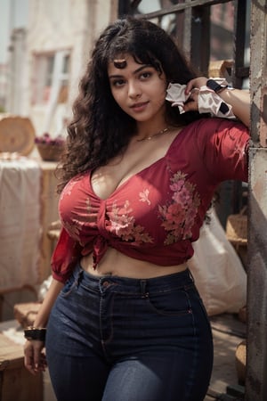 (best quality,4k,8k,highres,masterpiece:1.2),ultra-detailed,(realistic,photorealistic,photo-realistic:1.37),portrait, mid-twenty woman, 32 years old, black pants, medium dark red bob hair, fair skin, red eyes, soft pink lips, curvy, hourglass-shaped figure, large huge breasts, waist-up, soft lighting,Mallu curly hair, jeans, red top, shirtless, not fold top