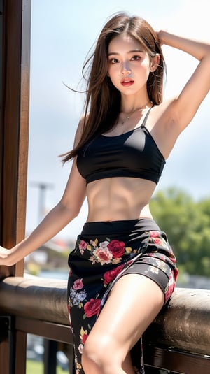 A stunning young woman poses confidently in a bright, airy setting. Her long, raven-black hair cascades down her back like a waterfall, as she gazes directly into the camera lens with piercing brown eyes. A black crop top accentuates her impressive bustline, while a vibrant floral print skirt flows around her legs like a whirlwind of color. The midriff is exposed, showcasing toned abs beneath the curve of her hips. The overall effect is one of sultry sophistication and unapologetic femininity.
