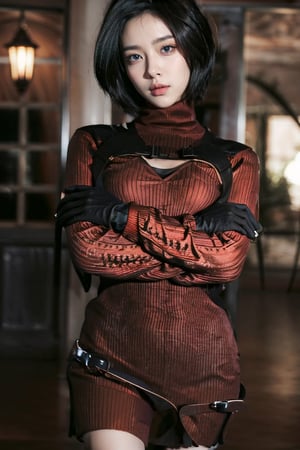 AdaWongRE,  1girl, solo, (slender:1.4), looking at viewer, short hair, black hair, gloves, brown eyes, multicolored hair, belt, two-tone hair, sweater dress, lips, bodysuit, makeup, (crossed arms:1.2), lipstick, ribbed weater,realistic,Young beauty spirit ,play guitar,Best face ever in the world