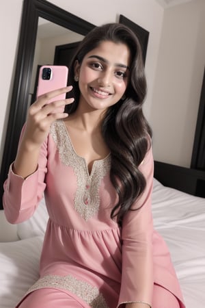  A stunning 14-year-old pakistani beauty,,small tits taking a mirror selfie in his bed room with piercing black eyes and a radiant smile, captured in hyper-realistic detail. She is dressed in a stylish pink and red kameez shalwar, .