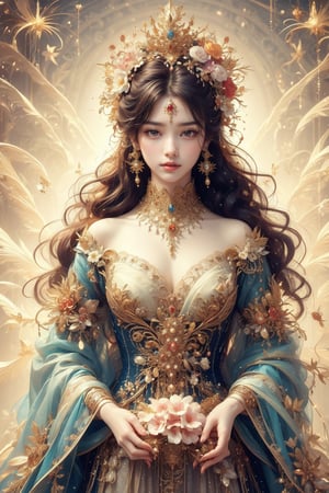 MUCHA STYLE, SUNSET, girl, 8k, masterpiece, ultra-realistic, best quality, high resolution, high definition, A stunning sorceress, enveloped in prisms of color, is adorned in her most exquisite attire and her finest jewels, colorful glowing flower, dreamy and artistic, likely aiming to evoke a sense of fantasy or a fairytale-like atmosphere. The person in the image is adorned with a vibrant floral crown, which could symbolize nature, growth, or a connection to the environment. The pastel shades and soft, bokeh-like background contribute to the ethereal quality of the scene, Curly hair, diamond crown, diamond earrings, diamond necklace, black low-cut princess dress, intricate pattern, black smoky eyeliner