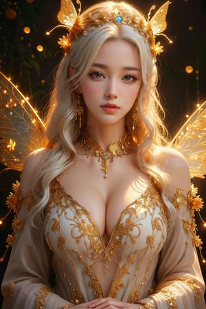 busty and sexy girl, 8k, masterpiece, ultra-realistic, best quality, high resolution, high definition,The image portrays a person with striking white hair adorned by a golden headpiece and intricate jewelry. The overall aesthetic suggests a blend of regal elegance and fantasy, big butterfly wings