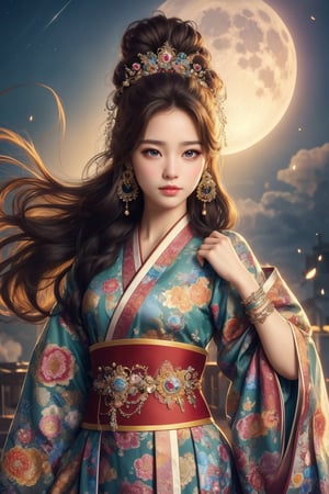 The background is midnight sky,big moon,dark night,floral leaf blowing,16 yo, 1 girl, flying in the air,halo,shining bracelet,beautiful hanfu(transparent), cloth blowing in wind, solo, {beautiful and detailed eyes}, calm expression, natural and soft light, delicate facial features, cute japanese idol, very small earrings, ((model pose)), Glamor body type, (dark hair:1.2),  beehive,big bun,very_long_hair, hair past hip, curly hair, flim grain, realhands, masterpiece, Best Quality, photorealistic, ultra-detailed, finely detailed, high resolution, perfect dynamic composition, beautiful detailed eyes, eye smile, ((nervous and embarrassed)), sharp-focus, full_body, sexy pose,cowboy_shot,ruanyi0060, starry dress