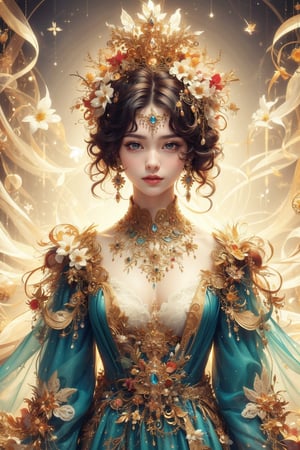 MUCHA STYLE, SUNSET, girl, 8k, masterpiece, ultra-realistic, best quality, high resolution, high definition, A stunning sorceress, enveloped in prisms of color, is adorned in her most exquisite attire and her finest jewels, colorful glowing flower, dreamy and artistic, likely aiming to evoke a sense of fantasy or a fairytale-like atmosphere. The person in the image is adorned with a vibrant floral crown, which could symbolize nature, growth, or a connection to the environment. The pastel shades and soft, bokeh-like background contribute to the ethereal quality of the scene, Curly hair, diamond crown, diamond earrings, diamond necklace, black low-cut princess dress, intricate pattern, black smoky eyeliner